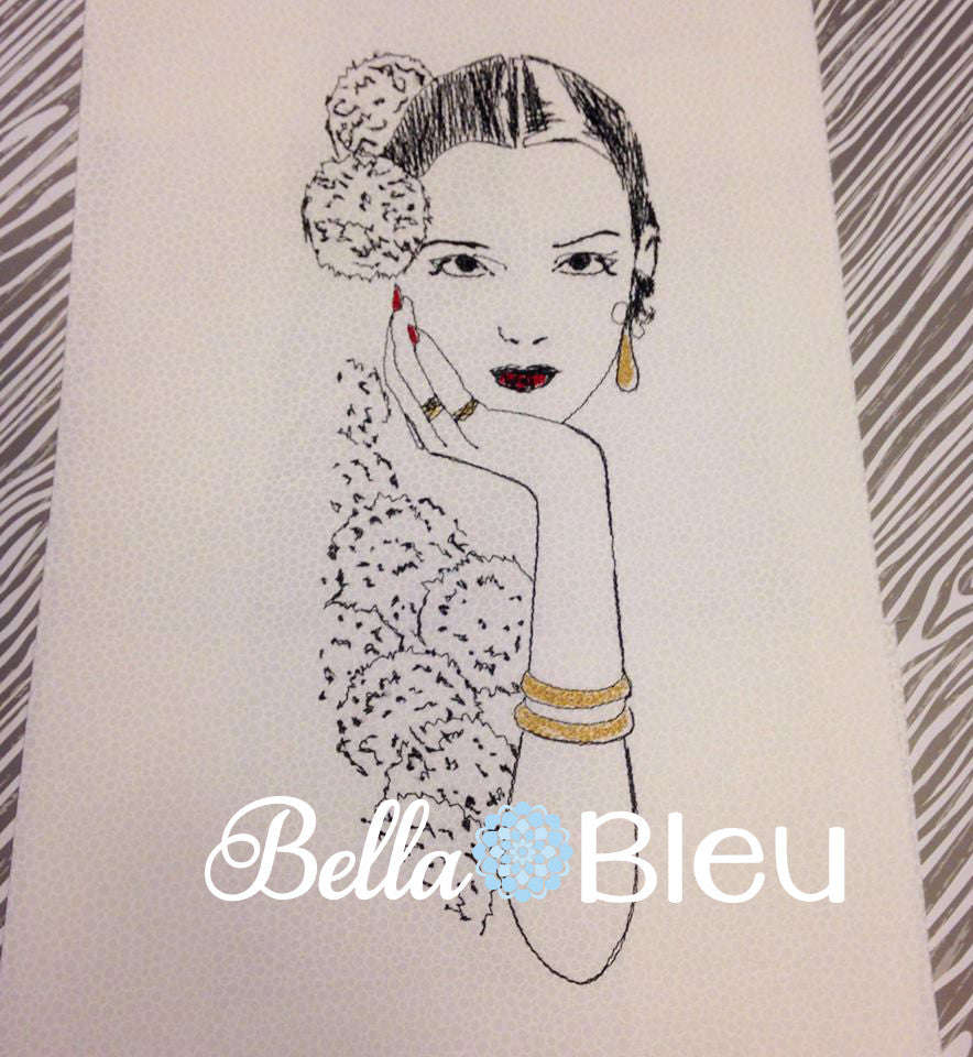 Spanish Lady with flowers Sketch Colorwork Redwork Machine Embroidery Design