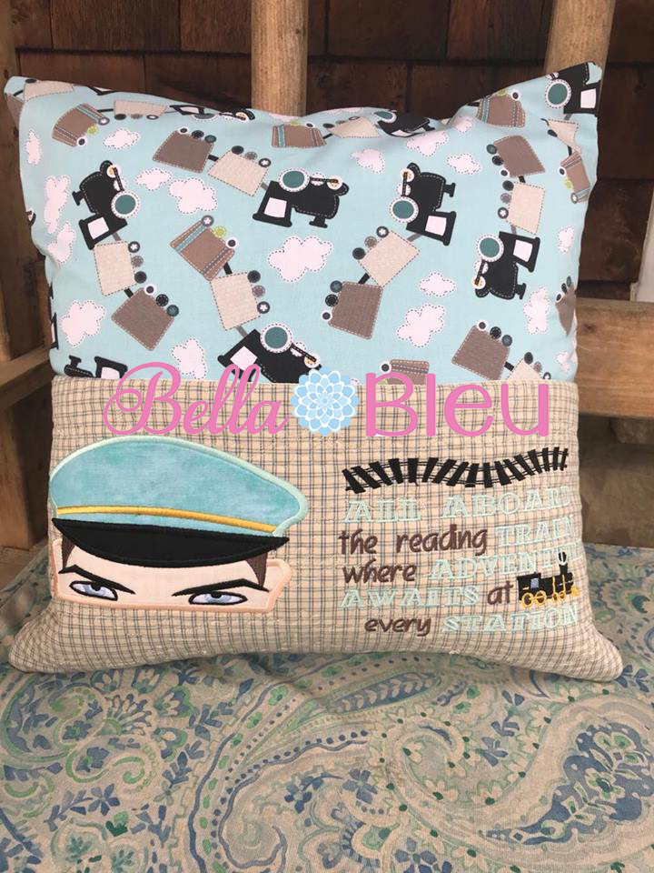 All Aboard Train Reading Pillow Saying Machine Embroidery Design