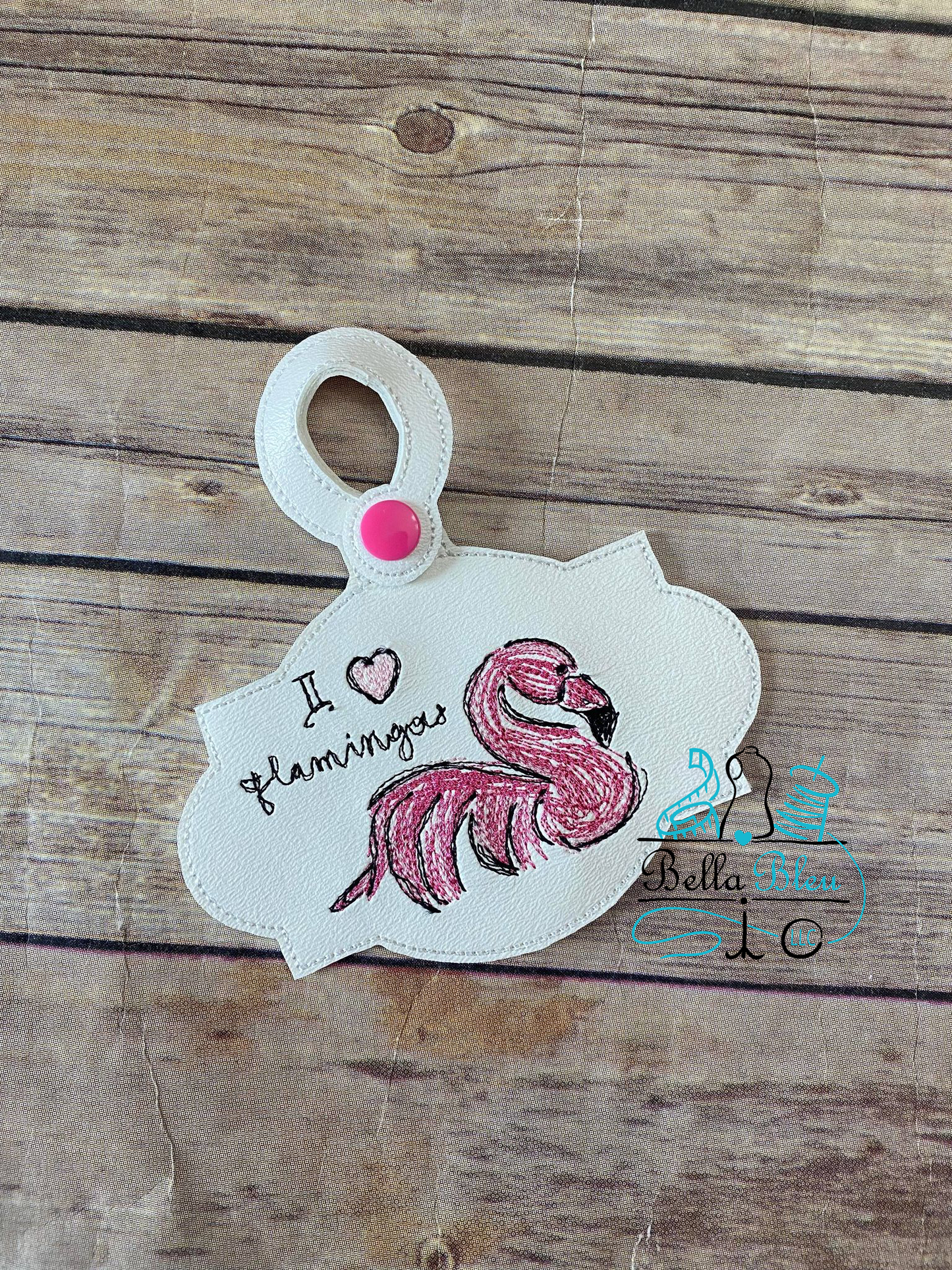 Scribble Flamingo ITH Bag Tag fob