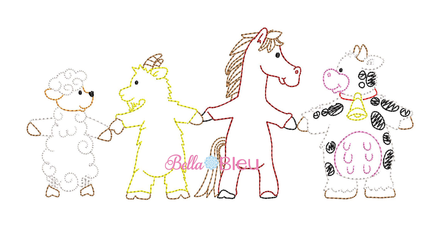 Bean stitch Farm Trio animals machine embroidery design Horse, Sheep, Goat Cow