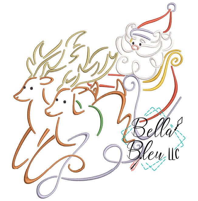 Christmas Santa Sleigh and Reindeer Swirl Machine Embroidery Design