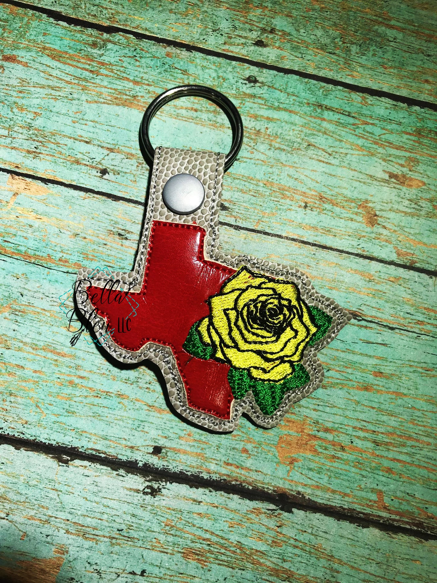 ITH in the hoop bean stitch Texas with Rose State Key Fob Filled and Bean machine embroidery