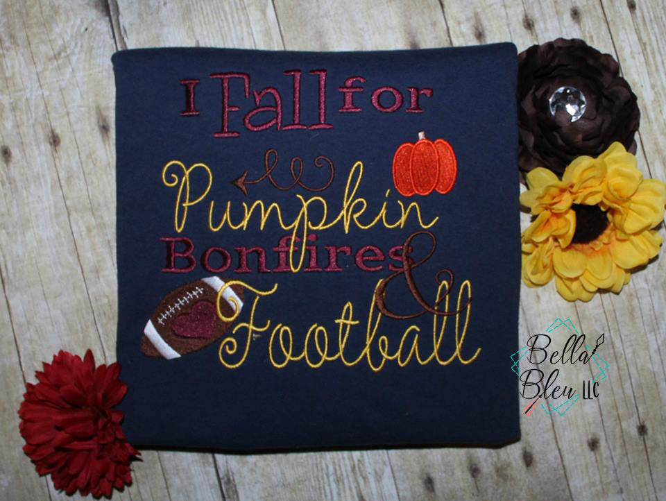 Fall Football Saying Embroidery Design - Pumpkin Football Bonfires Embroidery