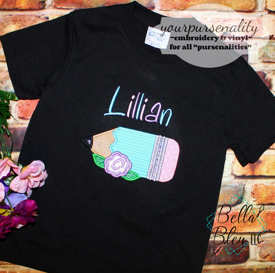 Back to School Pencil with flowers applique machine embroidery design