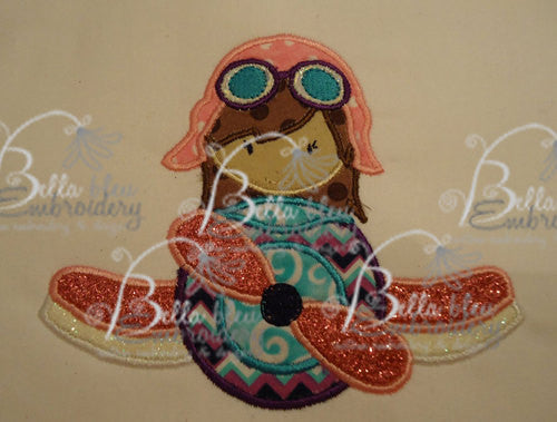 Airplane with Girl Pilot Flyer Applique Embroidery Design