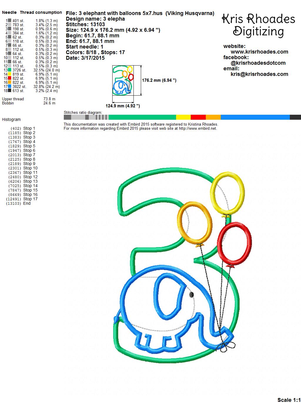 KRD Elephant with Balloons Birthday Applique Number 3