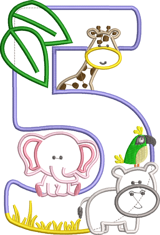 KRD Jungle Safari Zoo Birthday Applique Number 5