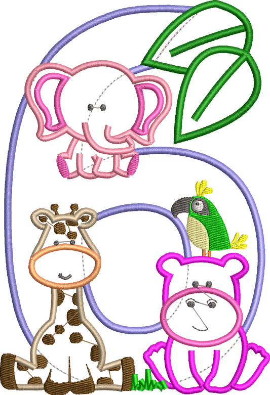 KRD Jungle Safari Zoo Birthday Applique Number 6