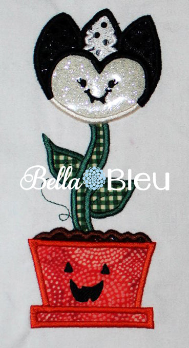Halloween Scary Vampire Flower with Pumpkin pot Machine Applique Embroidery Design