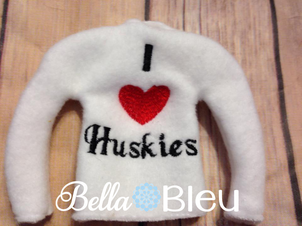 ITH In The Hoop Elf I love heart Huskies Sweater Shirt Embroidery Design