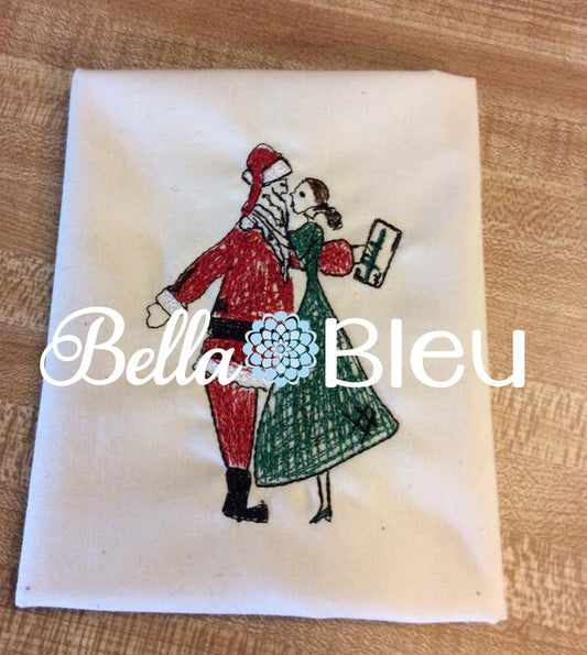 Machine Embroidery Design, Christmas 1950's Retro Mommy Kissing Santa Claus Filled line art