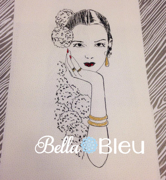 Spanish Lady with flowers Sketch Colorwork Redwork  Machine Embroidery Design