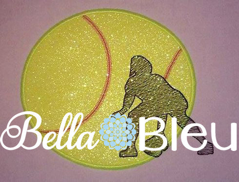 Softball Baseball Silhouette Girl Player Machine Applique and sketchy design