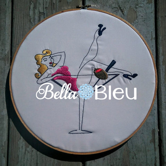 Rockabilly Redwork Colorwork Olive The Martini Girl Machine Embroidery Design