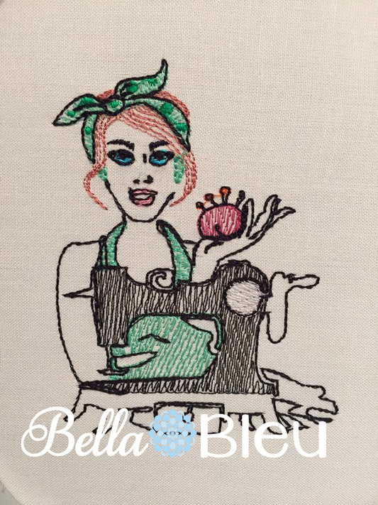 Vintage Retro Rockabilly Sewing Seamstress Lady Machine Embroidery Colorwork Design