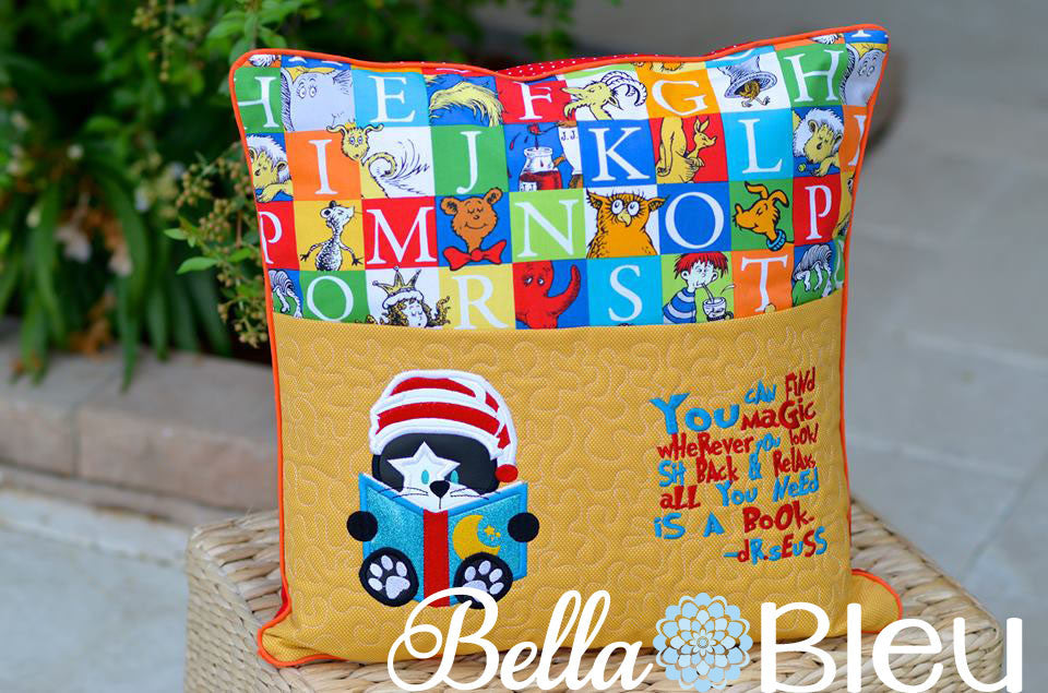 Reading Kitty with cap and Magic Suess Quote pillow machine embroidery applique