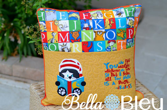 Reading Kitty with cap and Magic Suess Quote pillow machine embroidery applique