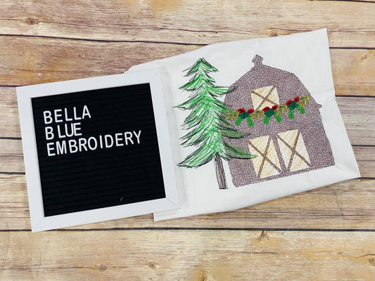 Red Christmas Barn with Christmas Tree & Swag Scribble