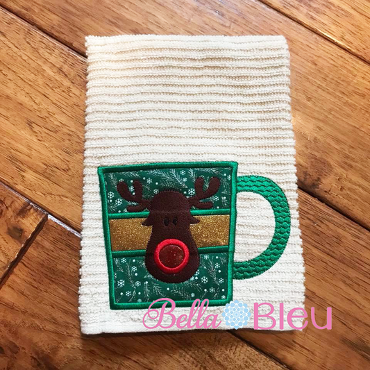 Christmas Embroidery Design, Christmas Rudolph Applique Embroidery Design, Reindeer Mug Embroidery Applique Design, Coffee Mug