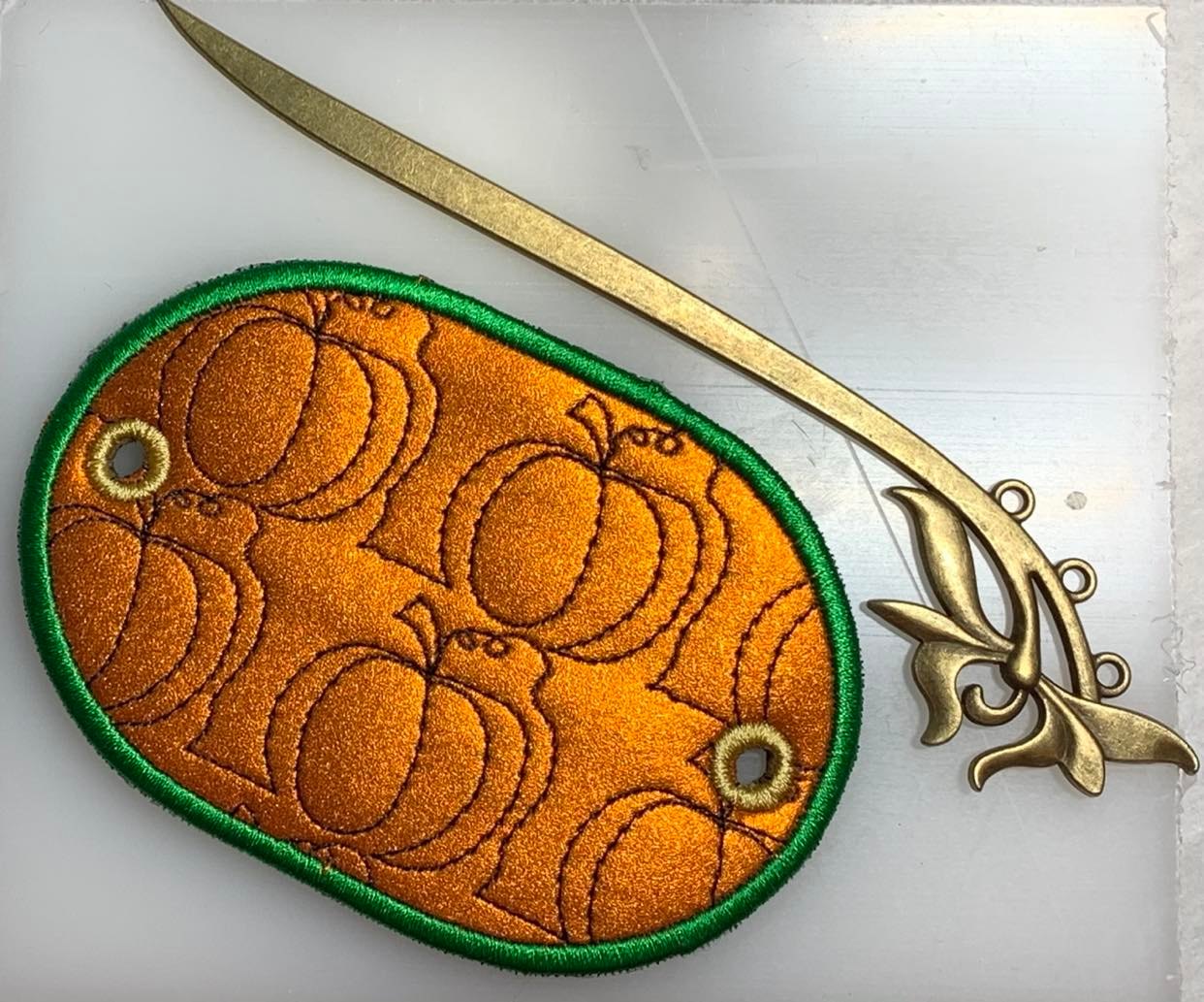 Fall Pumpkin Stipple Stick Barrette bun holder ITH