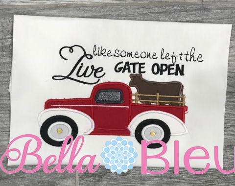 Vintage Truck Hauling a Cow Machine Applique Embroidery Design