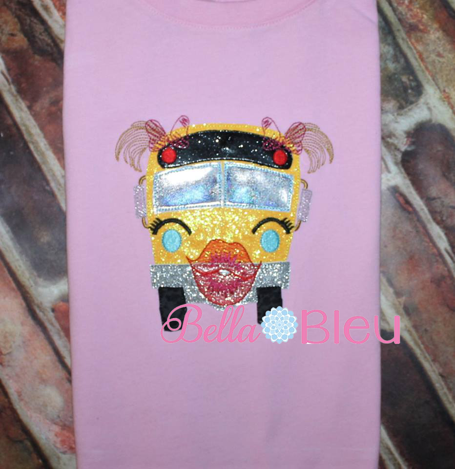 Sketchy Girl School Bus Machine Applique Embroidery Design 6x6