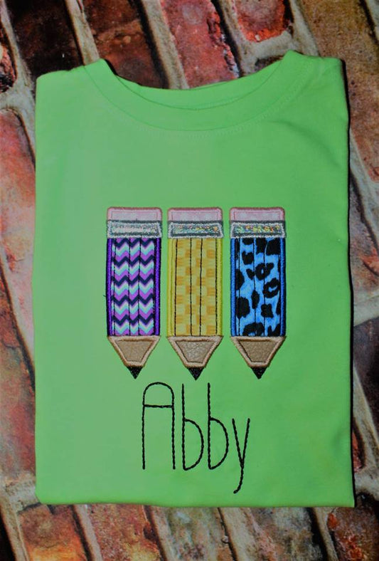 Back to School Pencil Trio machine applique embroidery design 8x8