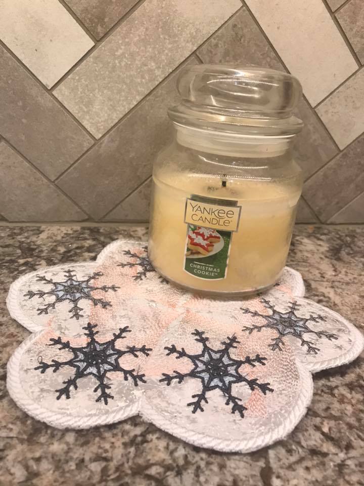 Snowflake Holiday Candle Mat In the hoop ITH 8x8 hoop