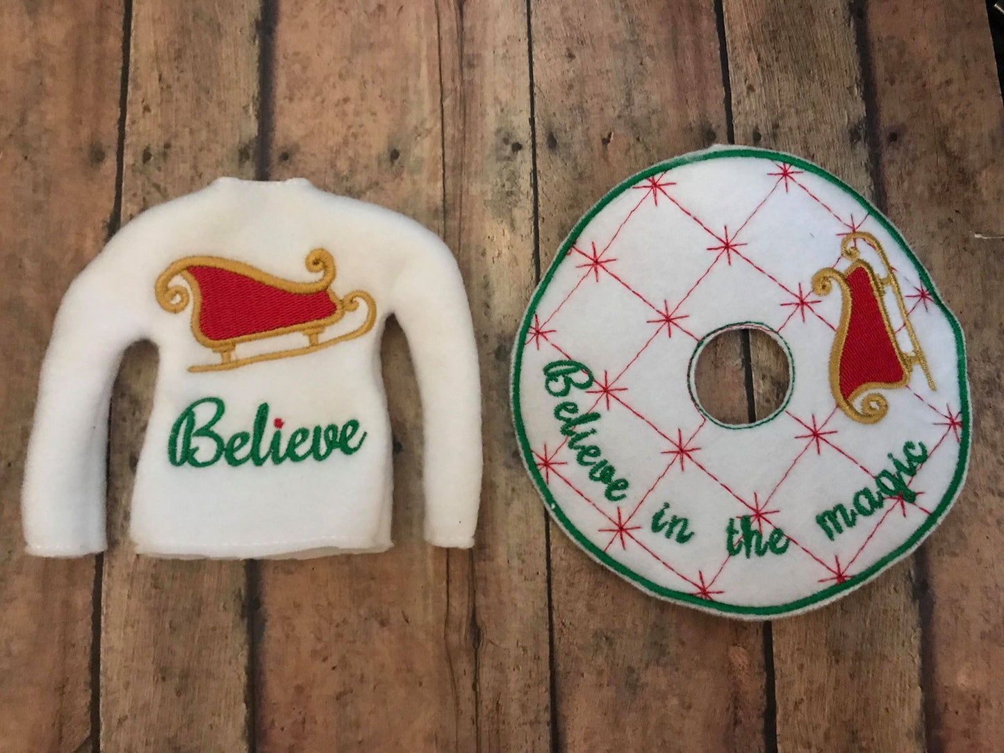 Believe in the Magic Santa Sleigh Christmas Elf Skirt ith machine embroidery design