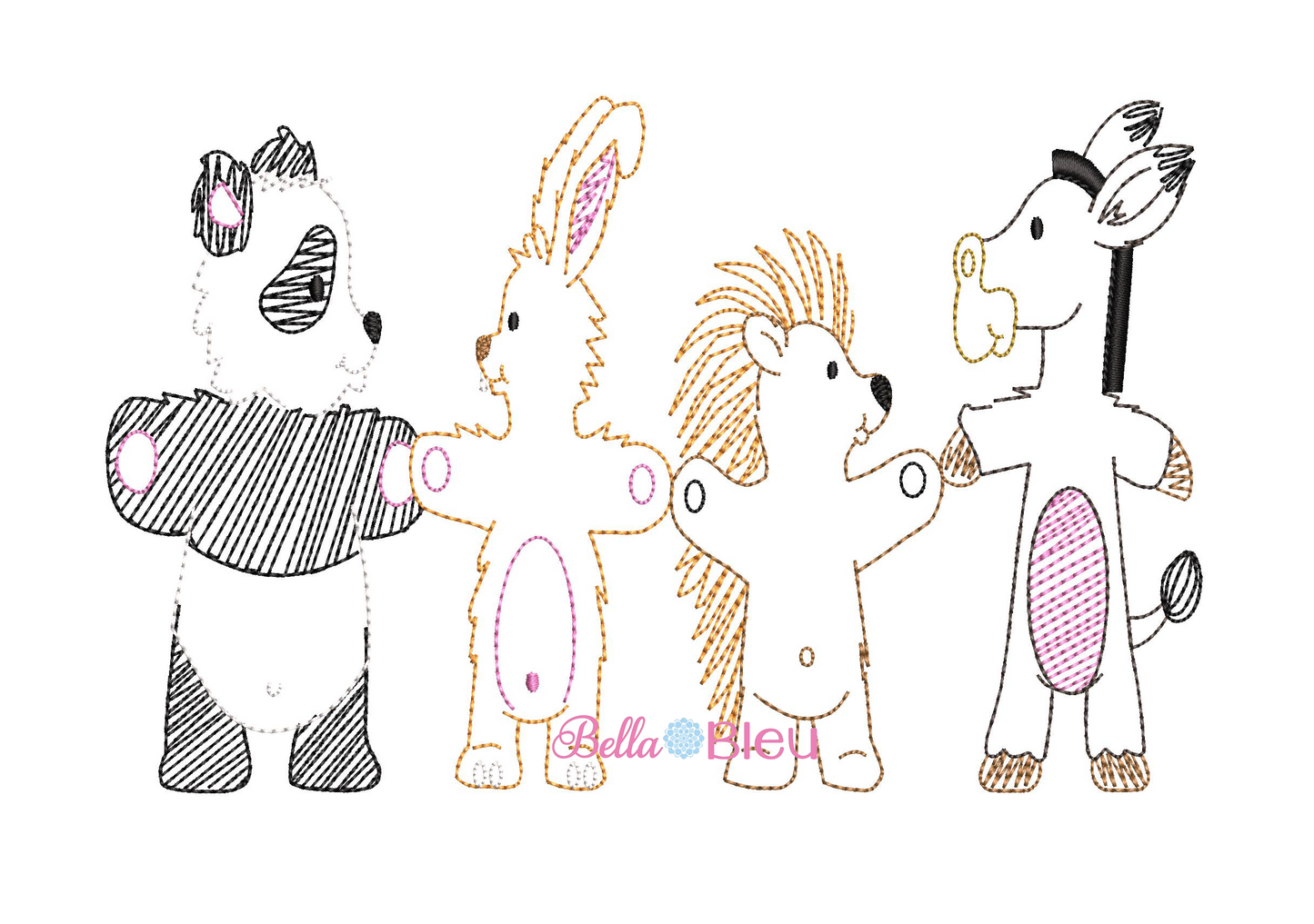 Bean stitch Zoo Trio Animals Panda, Rabbit, Donkey, Porcupine machine embroidery design