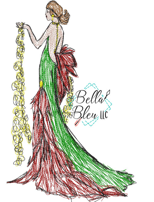 Retro Christmas Poinsettia Lady Scribble