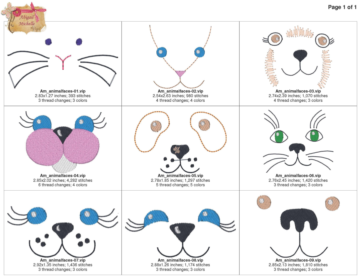 Animal Faces, 9 Designs - Machine Embroidery