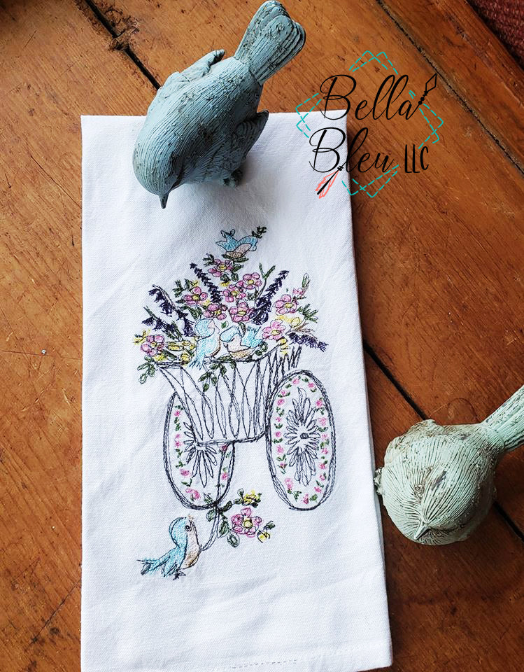 Retro Sketchy Wagon filled with flowers & birds