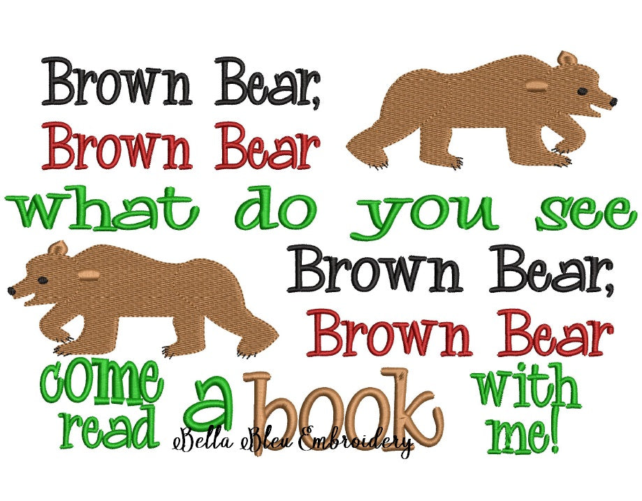 Inspired Brown Bear Reading Saying Machine Embroidery Design