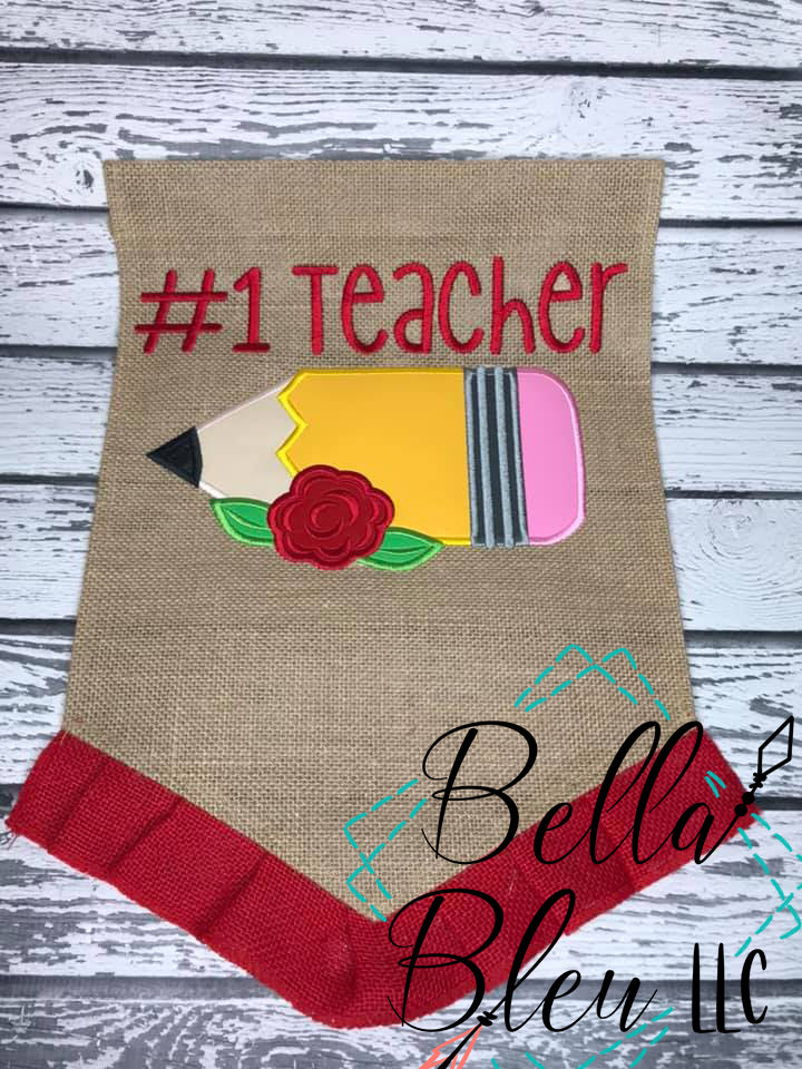Back to School Pencil with flowers applique machine embroidery design