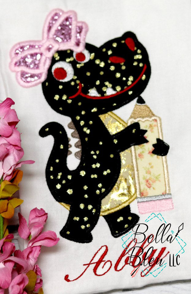 Girl with Bow Alligator Gators holding Pencil back to school machine embroidery design