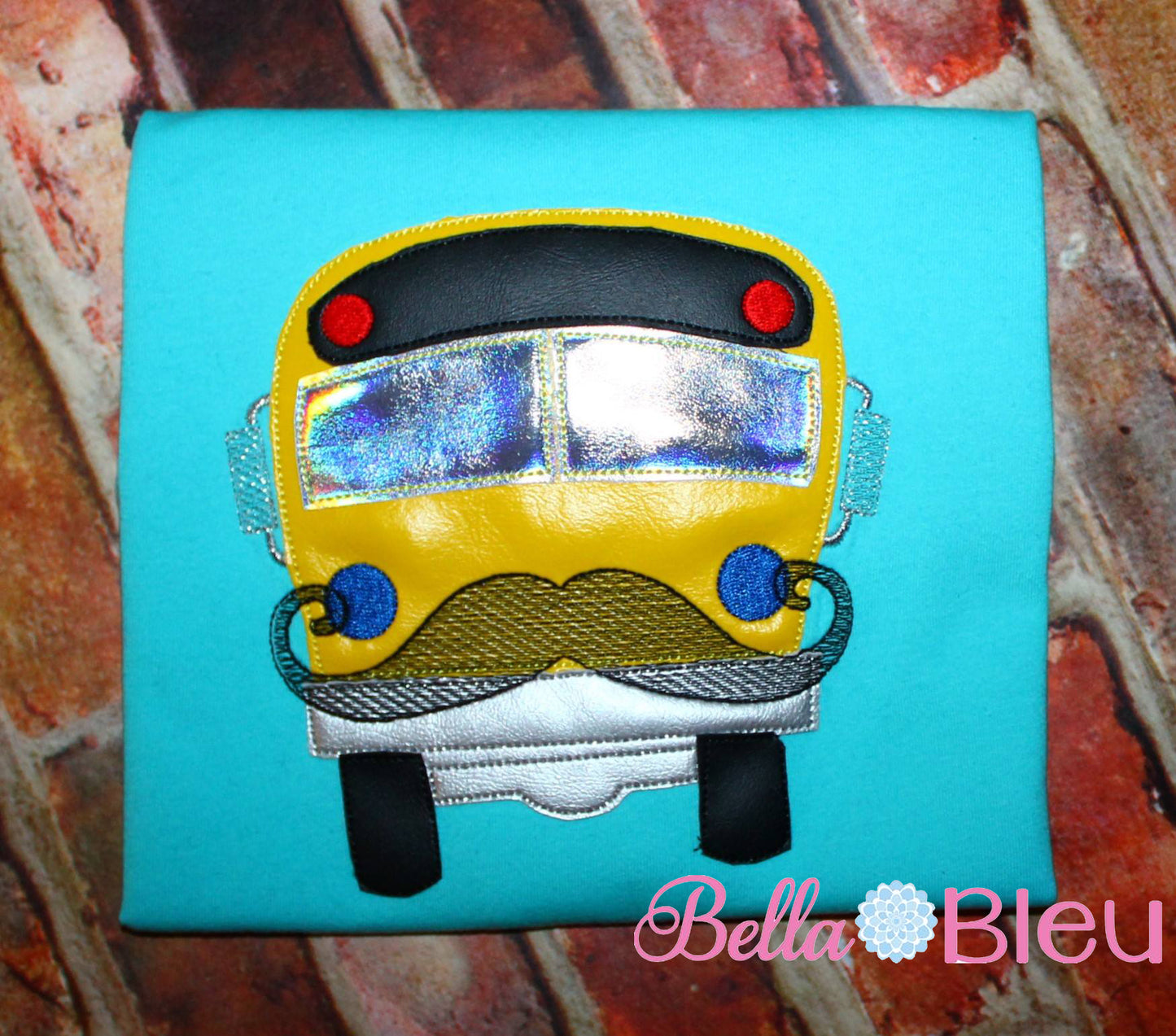 Sketchy School Bus with Mustache Machine Applique Embroidery Design 8x8