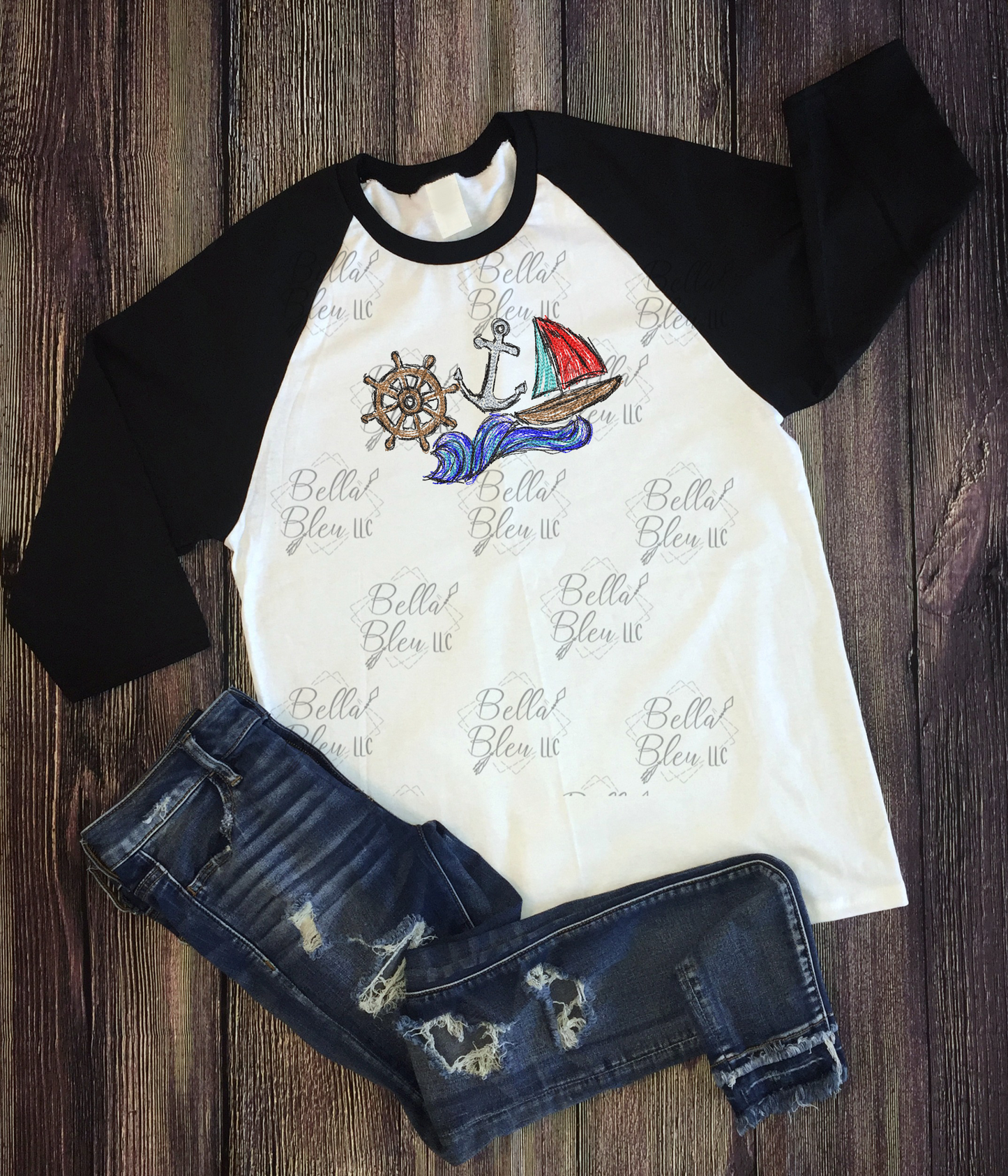Nautical Sailboat Anchor Waves Scribble design