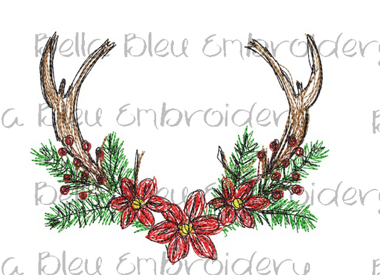 Christmas Deer Antler with Poinsettias' Scribble Monogram frame